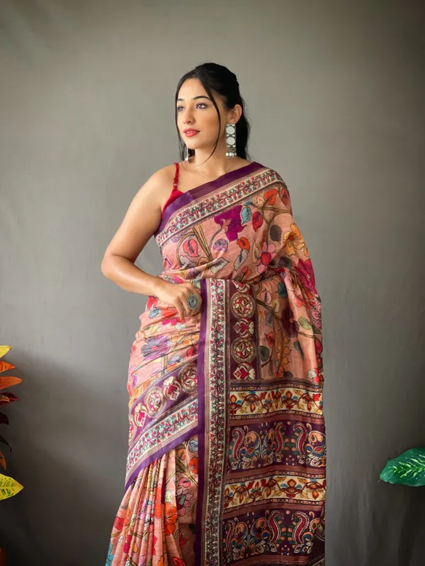 Purple_Soft_Cotton_Kalamkari_Print_Saree_With_Blouse_Piece_Attached